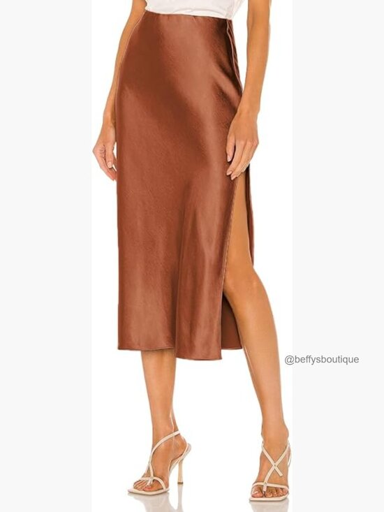 Dresses & Skirts - Silk High Waist Slit Midi Skirt Elastic Waistband Flowy Skirt for Women